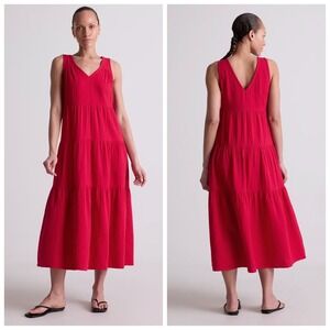 NEW Quince 100% Organic Cotton Gauze Tiered Maxi Dress Size L raspberry pink